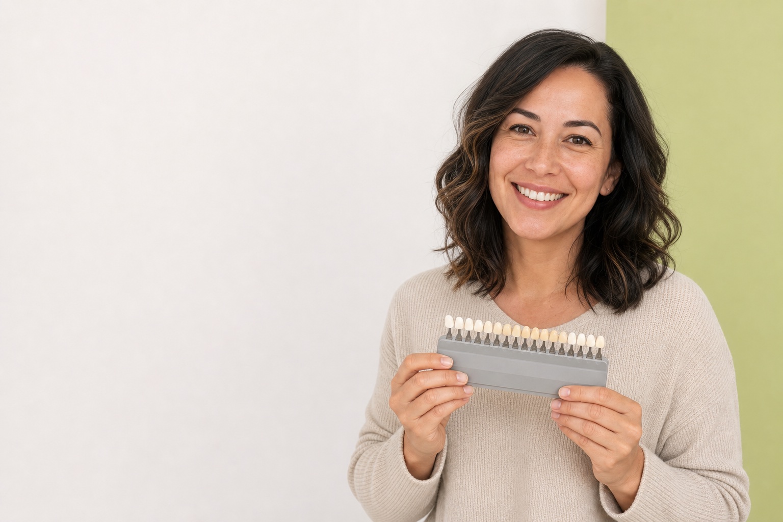 Adult holding a dental shade guide